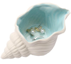 KONROOWEI Jewelry Dish Tray for Coastal Beach Room Décor, Cute Ceramic Ring Holder (Blue Conch)