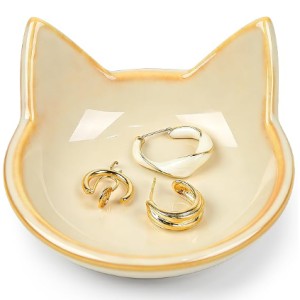 PUDDING CABIN Cat Gifts for Women and Girls Kitty Jewelry Dish, Vintage Ceramic Trinket Tray for Earrings, Rings and Keys