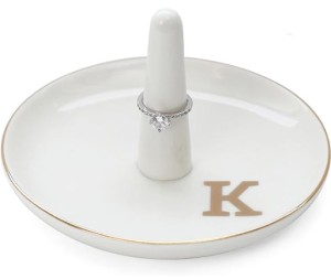 HOME SMILE Initials Ring Holder Jewelry Tray with Personalized K-Monogrammed Engagement Gifts for Friends, Birthday, Mother’s Day, Christmas Gifts for Women, Ceramic White