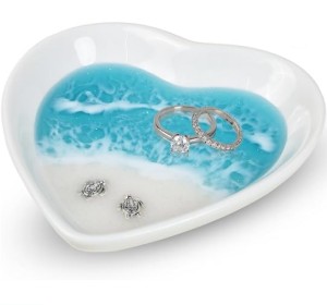 Handmade Beach Jewelry Dish, Heart Sea Rings Holder with Couple Sea Turtles