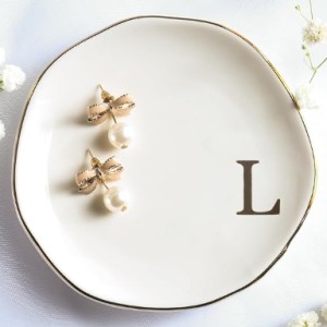 Yoqanr Ceramic Jewelry Tray Ring Dish Personalized A-Monogrammed Engagement Wedding Gifts for Birthday and Mother’s Day, Ceramic White 4.75-inch (L)